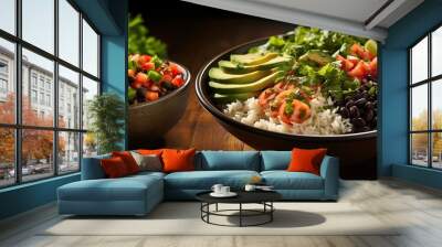 Brown Rice and Black Bean Burrito Bowl: A hearty bowl with brown rice, black beans, avocado, and salsa for a satisfying meal.Generated with AI Wall mural