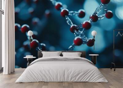 Close-up of a molecular structure with red spheres, symbolizing scientific research and innovation in a blue-toned background. Wall mural