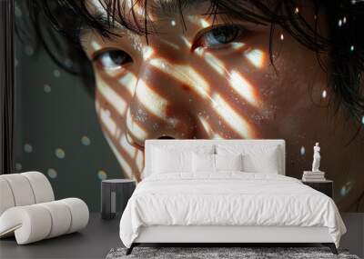 creative image where a person face is partially obscured by shadows from a patterned object Wall mural