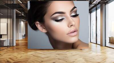 model in a white studio backdrop, applying eye shadow with elegance. Generated with AI Wall mural