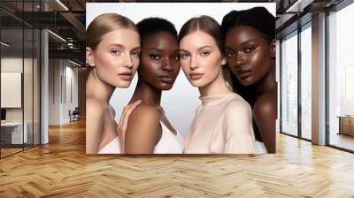 Photograph multiple models in a white studio backdrop, each showcasing unique cosmetics. Generated with AI Wall mural