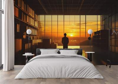 Silhouette of a person in a modern office with a cityscape view during sunset, reflecting on the glass surfaces. Wall mural