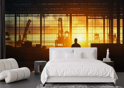 Silhouette of a person in a warehouse at sunset, with industrial equipment in the background, showcasing a vibrant and productive atmosphere. Wall mural