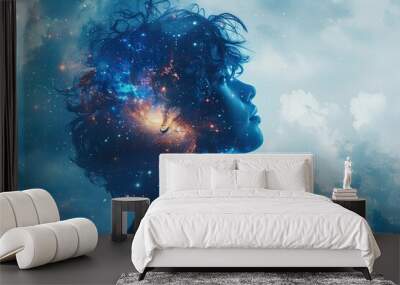 Starry Night Sky Silhouette Woman night sky filled with stars and galaxies Wall mural