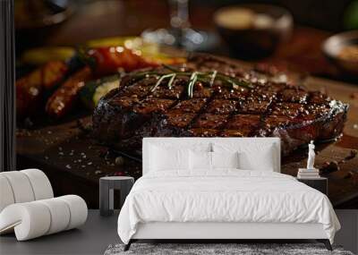 Steak, perfectly grilled, served on wooden cutting board side of roasted vegetables. Wall mural