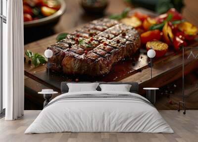 Steak, perfectly grilled, served on wooden cutting board side of roasted vegetables. Wall mural