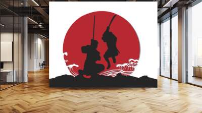 vector illustration of two japanese samurai under the red sun Wall mural