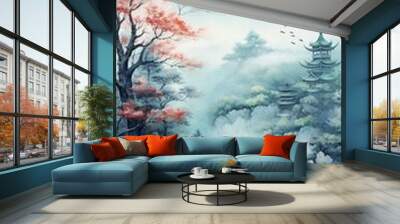 vector of Oriental phone wallpaper, Chinese cloud blue illustration vector Wall mural