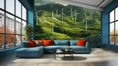 Wind turbines on lush green hills generate renewable energy under cloudy skies, showcasing sustainable power solutions. Wall mural