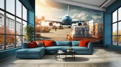 world of air cargo transportation. Depict a bustling airport tarmac with cargo planes of various sizes being loaded and unloaded.Generated with AI Wall mural