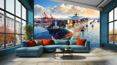 world of shipping transports. Depict a bustling port with cargo ships of various sizes and types, loading and unloading goods by cranes.Generated with AI Wall mural