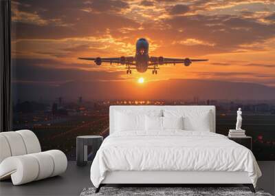 A plane taking off from an airport with beautiful landscape in sunset ,generative ai Wall mural