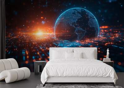 Abstract digital blue planet Earth with glowing connections and global network concept on a dark background, a technology wallpaper. Big data world map. Wall mural