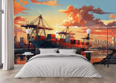 Dynamic port logistics banner with cargo containers. Wall mural