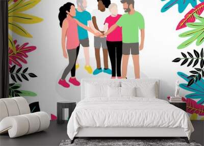 Coworkers hold hands between collaboration and colleagues before starting work to brainstorming, strengthen relationships and unite Wall mural