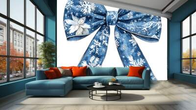 A beautiful watercolour illustration of winter themed blue bow adorned with intricate snowflake patterns and floral designs, perfect for festive decorations Wall mural