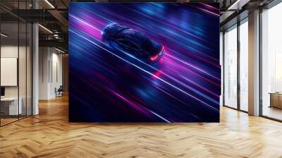 A modern car in movement on dark background, surrounded by vibrant neon lights, creates dynamic and energetic atmosphere. sleek design and motion blur evoke sense of speed and excitement Wall mural