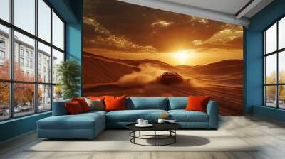 A stunning drift car kicks up sand in vast Arabic desert at sunset, showcasing beauty of nature and thrill of speed. dramatic sky adds to excitement of this moment Wall mural