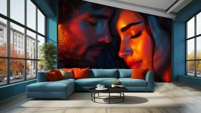 close embrace between man and woman, showcasing intense gazes and warm lighting that highlights their features. emotional connection is palpable Wall mural