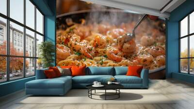 close up shot of hands stirring cooked shrimp pasta in pan, with steam rising, creating warm and inviting atmosphere Wall mural