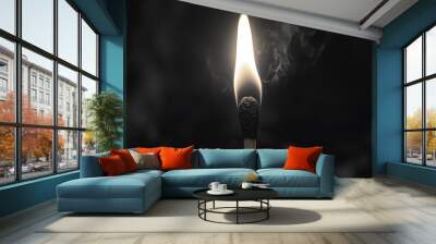 lit matchstick emits bright flame, surrounded by wisps of smoke, creating dramatic black and white image. contrast highlights delicate details of match Wall mural