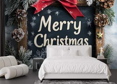 Merry Christmas written on rustic chalkboard surrounded by festive decorations, including pine branches, snow, and pine cones, creating warm holiday atmosphere Wall mural