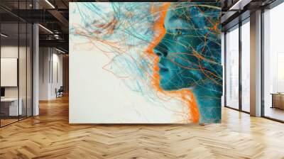 creatively created digital artwork in the shape of a human. it has blue and orange mesh lines. Wall mural