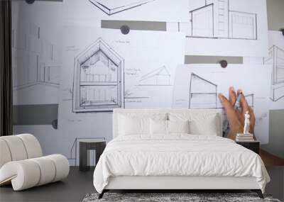 Architect Designer Engineer sketching drawing draft working Perspective Sketch  design house construction Project Wall mural