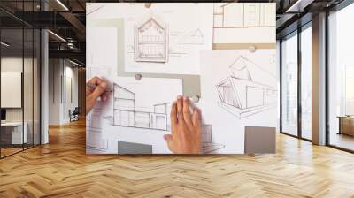 Architect Designer Engineer sketching drawing draft working Perspective Sketch  design house construction Project Wall mural