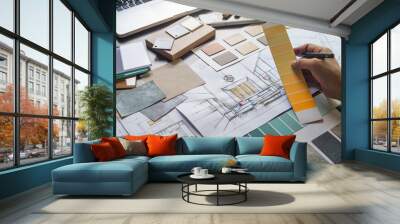 Architect designer Interior creative working hand drawing sketch plan blue print selection material color samples art tools Design Studio Wall mural