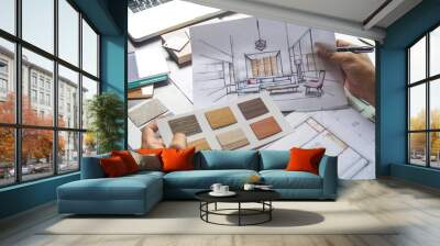 Architect designer Interior creative working hand drawing sketch plan blue print selection material color samples art tools Design Studio Wall mural