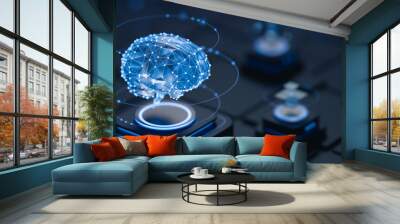 Artificial intelligence AI neural network digital brain machine deep learning processing big data analysis technology connection mining chipset on Circuit board futuristic. 3d rendering. Wall mural