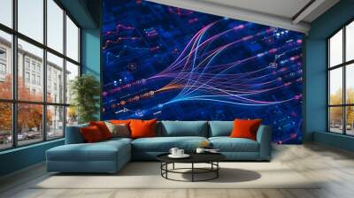 Big data technology Data science analysing artificial intelligence generative AI deep learning machine learning algorithm Neural flow network analytics innovation abstract futuristic. 3d rendering.. Wall mural