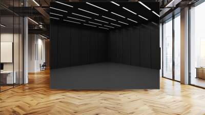 Dark black empty architecture interior space room studio background backdrop wall display products minimalistic. 3d rendering. Wall mural