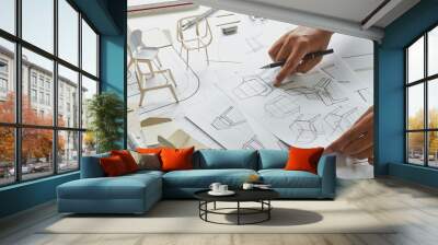 Designer sketching drawing design development product plan draft chair armchair Wingback Interior furniture prototype manufacturing production. designer studio concept . Wall mural