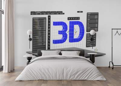 Engineering designer design 3D CAD software program Industrial engine model mechanical dimensional digital manufacturing factory engineer computer screen. 3d rendering. Wall mural