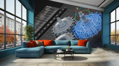 Engineering designer design 3D CAD software program Industrial engine model mechanical dimensional digital manufacturing factory engineer computer screen. 3d rendering. Wall mural