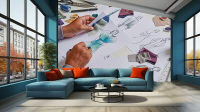 Fashion designer stylish drawings sketches textile fabric material Costume. Designer creative workshop studio. Wall mural