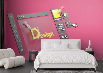 Graphic designer creative creator design logo artwork curve pen tool illustration equipment icons digital computer display workspace. Graphic design software. 3d rendering. Wall mural