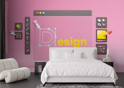 Graphic designer creative creator design logo artwork curve pen tool illustration equipment icons digital computer display workspace. Graphic design software. 3d rendering. Wall mural