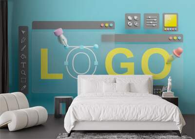 Graphic designer creative creator design logo artwork curve pen tool illustration equipment icons digital computer display workspace. Graphic design software. 3d rendering. Wall mural