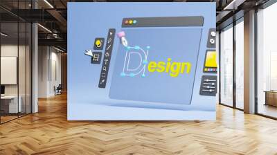 Graphic designer creative creator design logo artwork curve pen tool illustration equipment icons digital computer display workspace. Graphic design software. 3d rendering. Wall mural