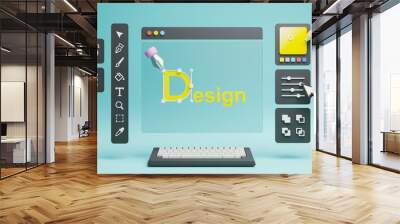 Graphic designer creative creator design logo artwork curve pen tool illustration equipment icons digital computer display workspace. Graphic design software. 3d rendering. Wall mural