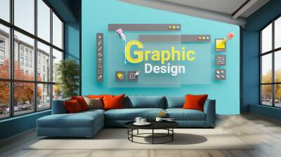 Graphic designer creative creator design logo artwork curve pen tool illustration equipment icons digital computer display workspace. Graphic design software. 3d rendering. Wall mural