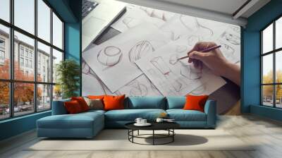 Production designer sketching Drawing Development Design product packaging prototype idea Creative Concept Wall mural