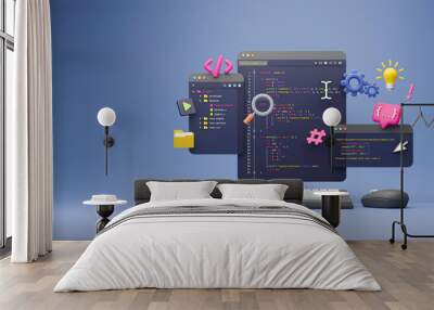 Programmer developer typing script source languages coding symbols  icon development project data programming software engineering IT technologies computer. 3d rendering. Wall mural