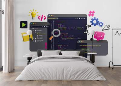 Programmer developer typing script source languages coding symbols  icon development project data programming software engineering IT technologies computer. 3d rendering. Wall mural