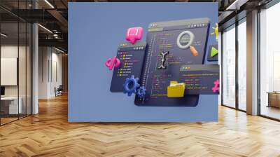 Programmer developer typing script source languages coding symbols  icon development project data programming software engineering IT technologies computer. 3d rendering. Wall mural