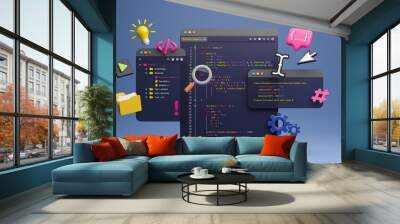 Programmer developer typing script source languages coding symbols  icon development project data programming software engineering IT technologies computer. 3d rendering. Wall mural