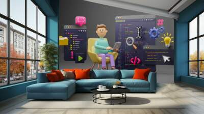 Programmer developer typing script source languages coding symbols  icon development project data programming software engineering IT technologies computer. 3d rendering. Wall mural